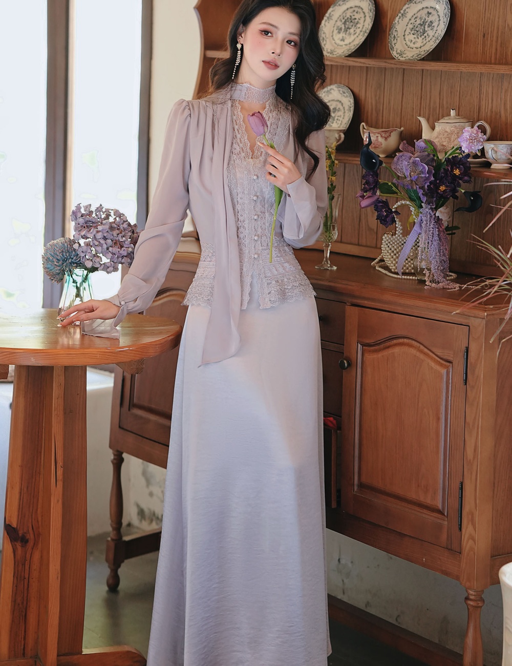 Mermaid splice long sleeve tops lace short shirt a set