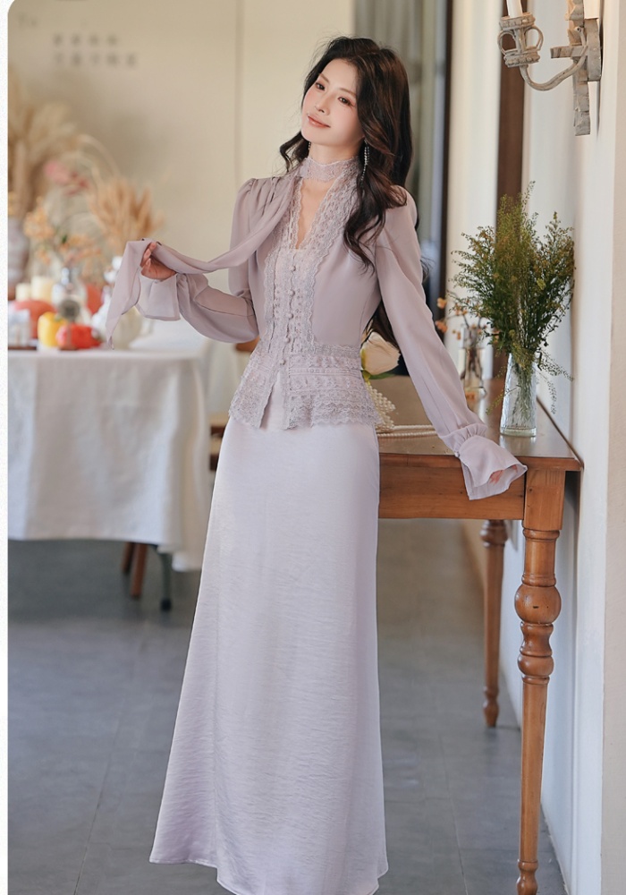 Mermaid splice long sleeve tops lace short shirt a set