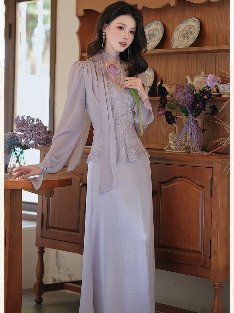 Mermaid splice long sleeve tops lace short shirt a set