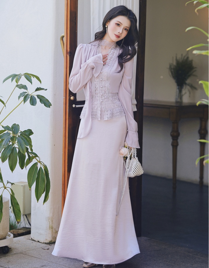 Mermaid splice long sleeve tops lace short shirt a set