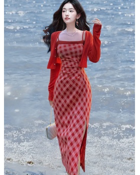 Red sling jacket autumn and winter dress a set for women