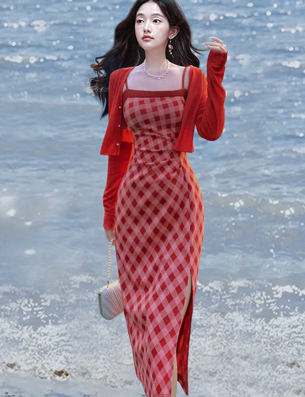 Red sling jacket autumn and winter dress a set for women