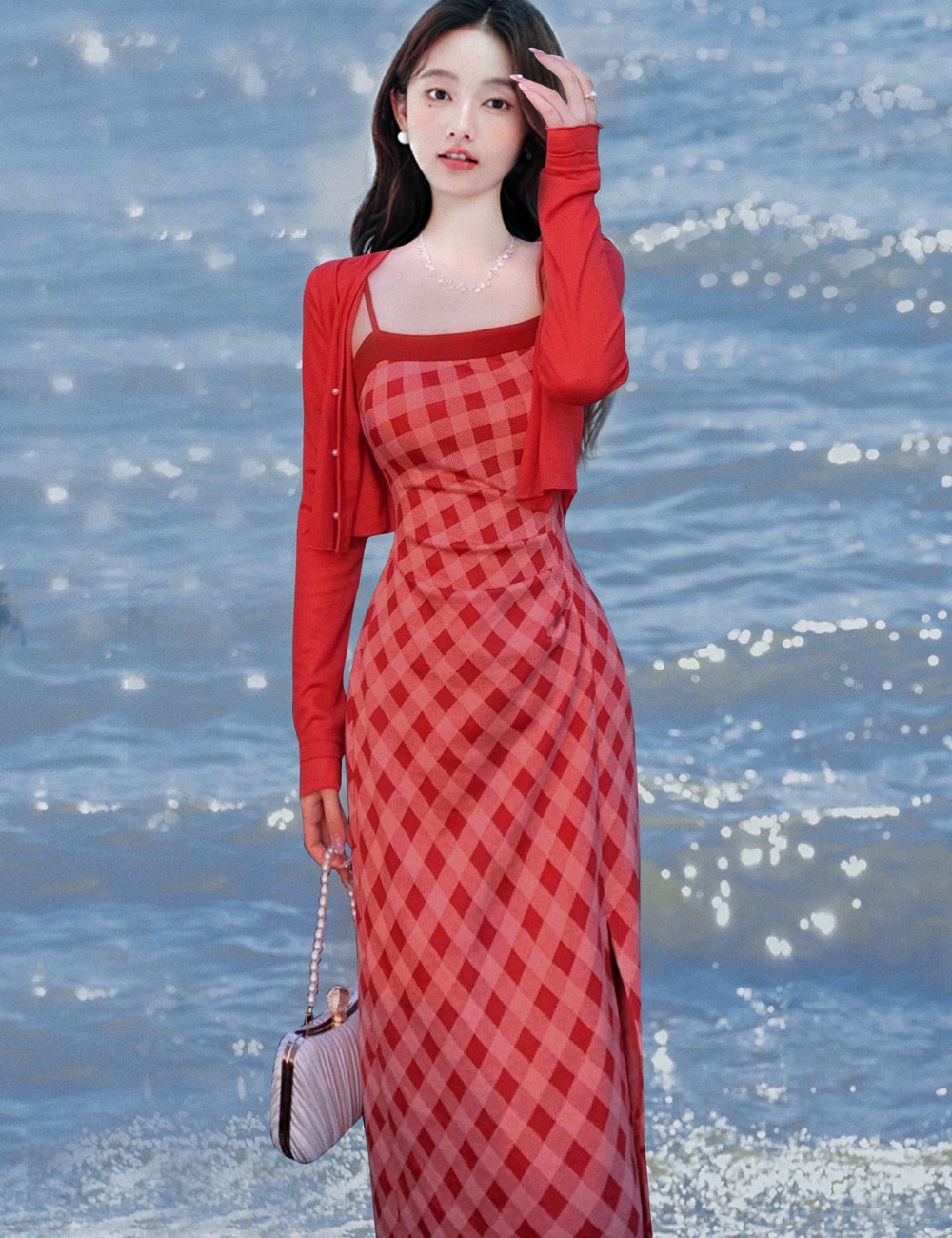 Red sling jacket autumn and winter dress a set for women