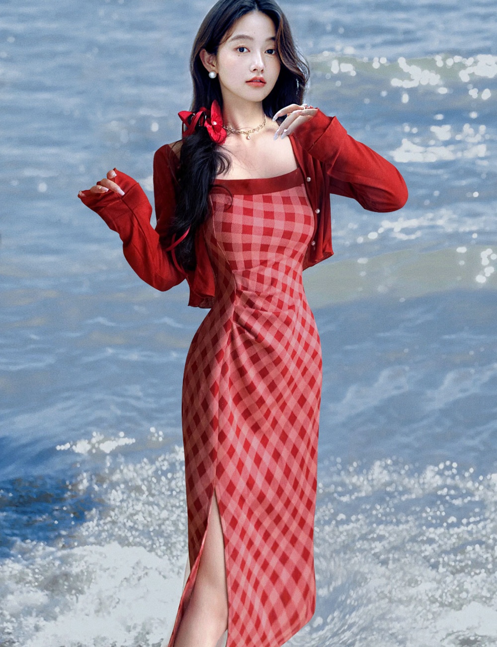 Red sling jacket autumn and winter dress a set for women