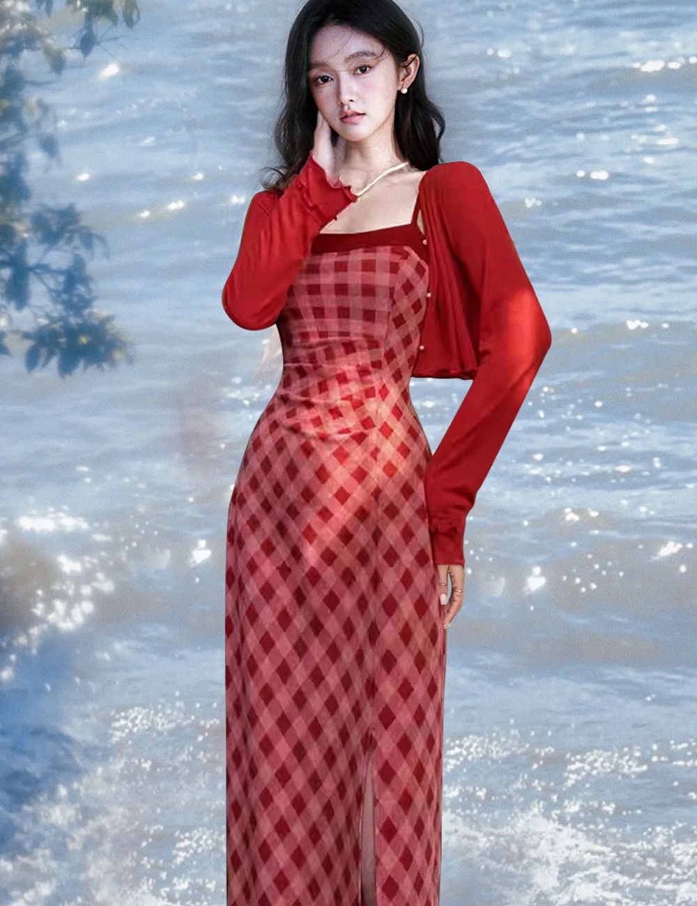 Red sling jacket autumn and winter dress a set for women