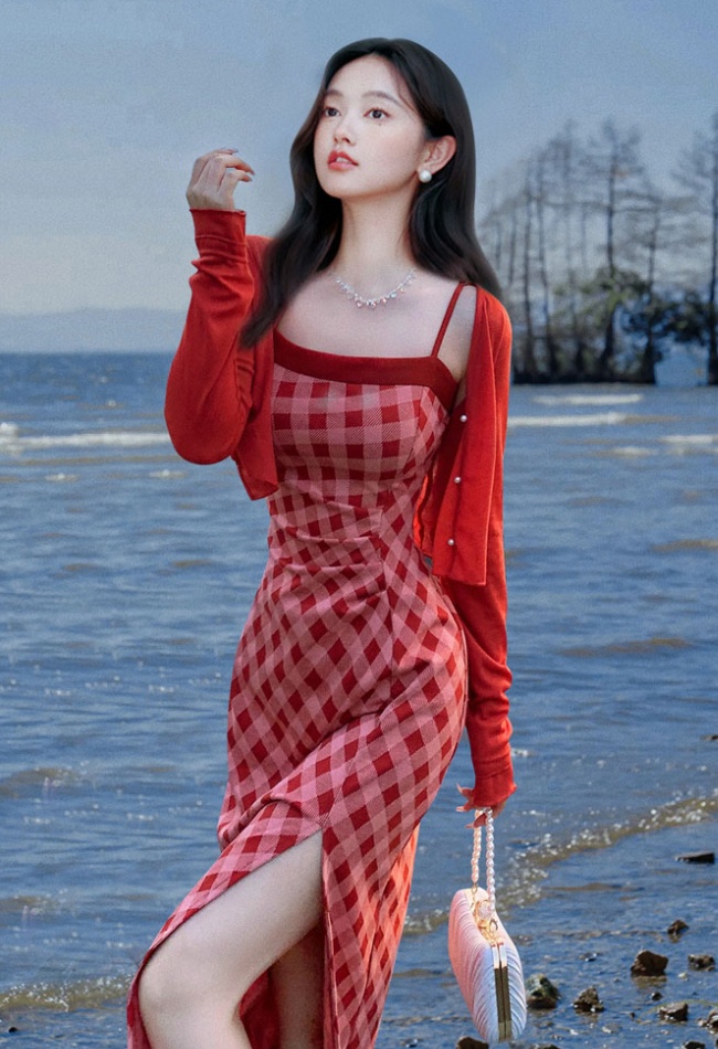 Red sling jacket autumn and winter dress a set for women