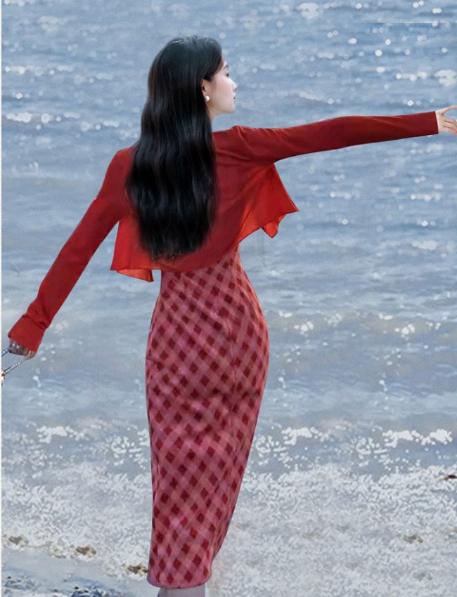 Red sling jacket autumn and winter dress a set for women