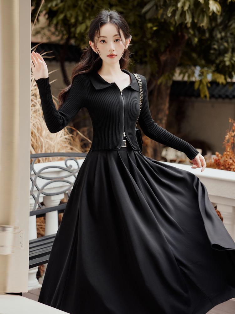 With belt long skirt autumn tops 2pcs set for women