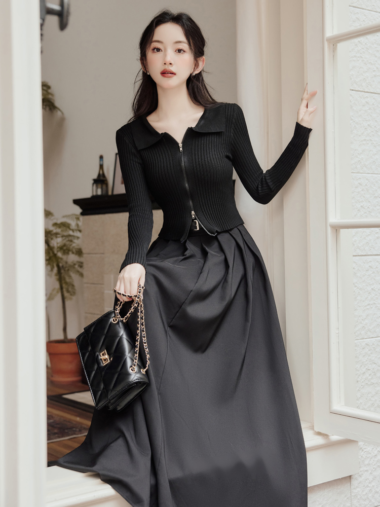 With belt long skirt autumn tops 2pcs set for women