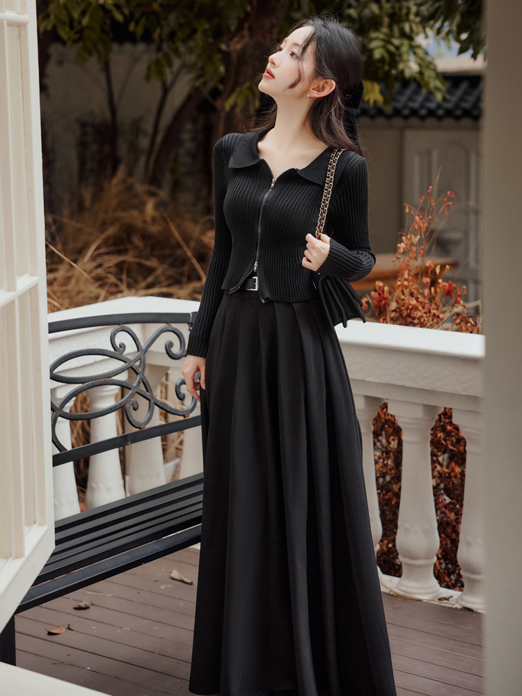 With belt long skirt autumn tops 2pcs set for women