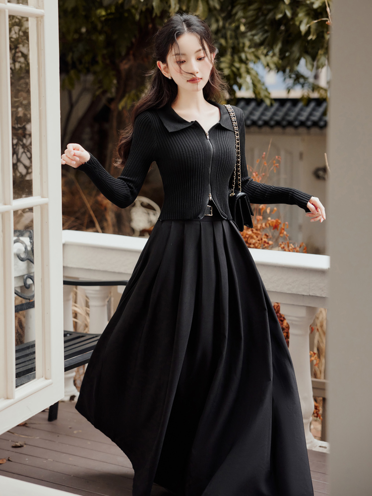 With belt long skirt autumn tops 2pcs set for women