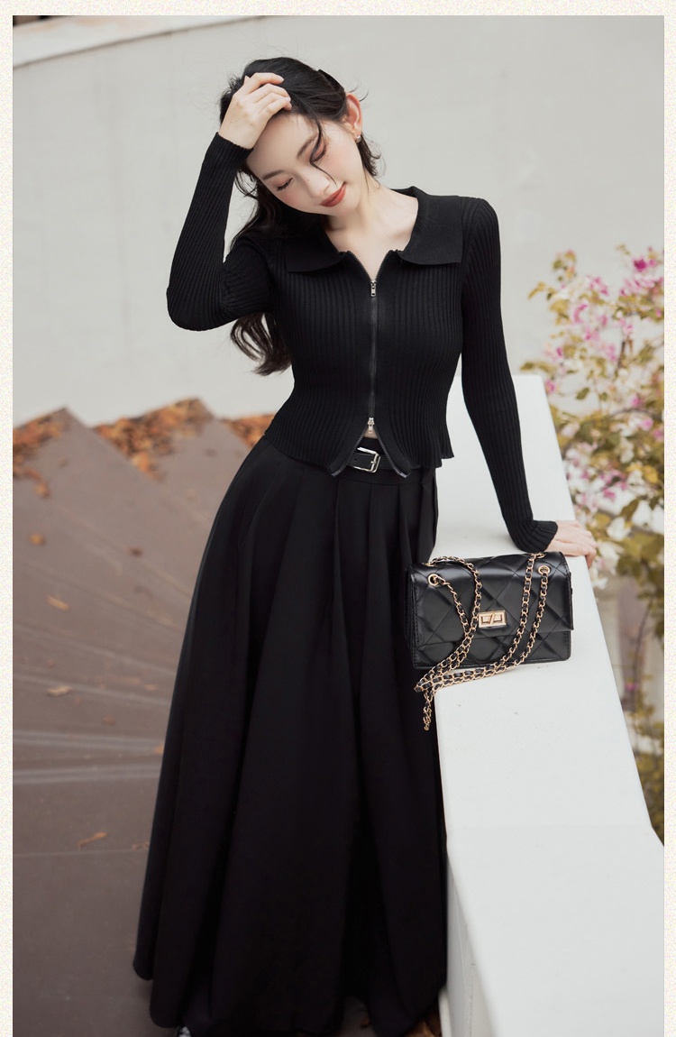 With belt long skirt autumn tops 2pcs set for women