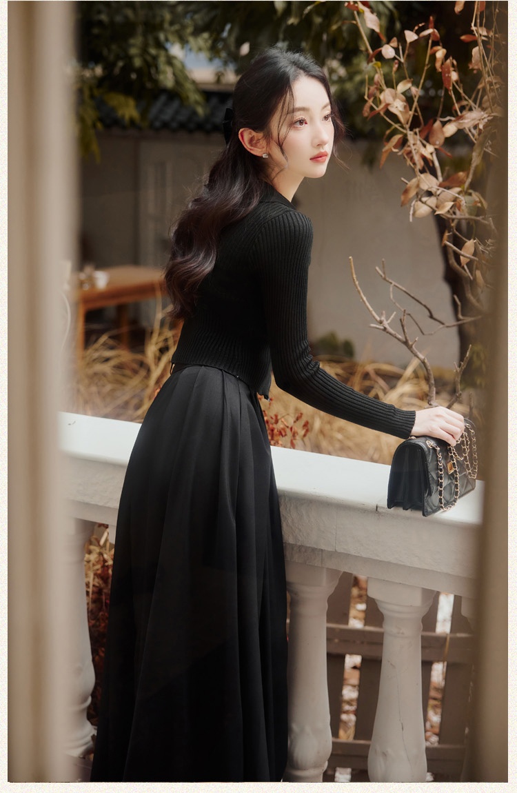 With belt long skirt autumn tops 2pcs set for women