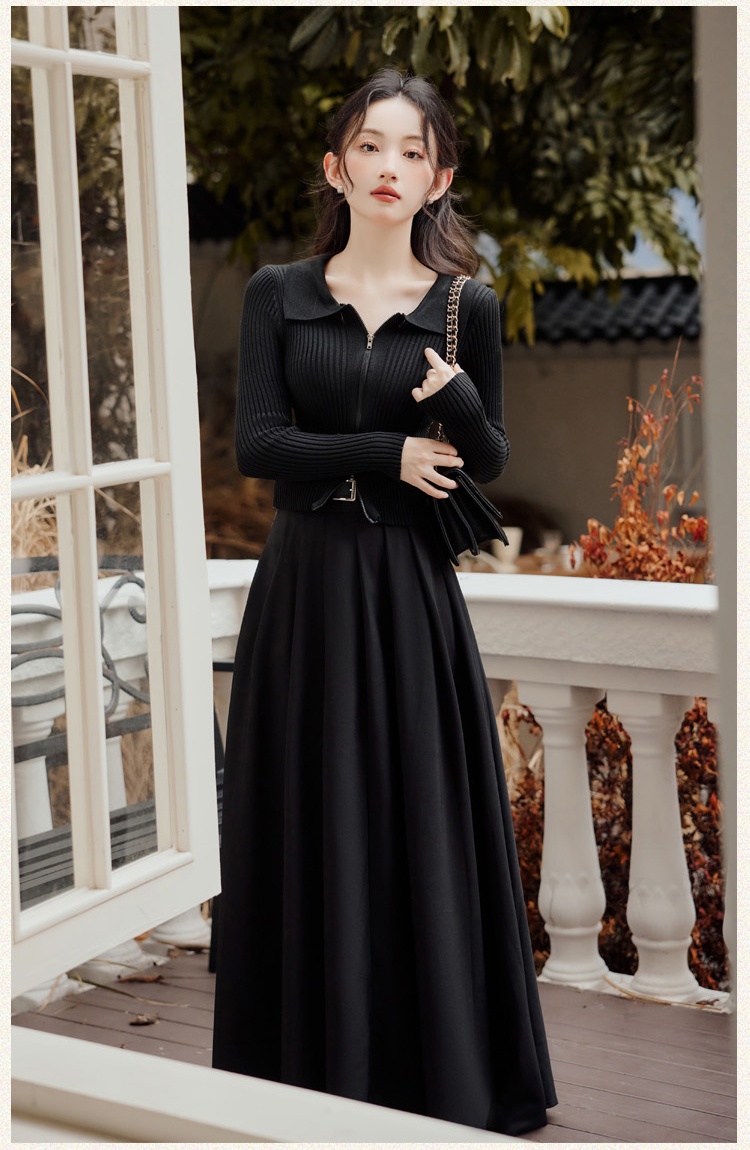 With belt long skirt autumn tops 2pcs set for women