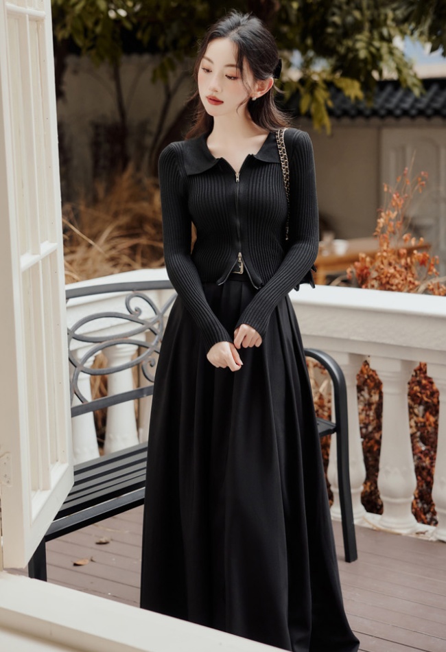 With belt long skirt autumn tops 2pcs set for women