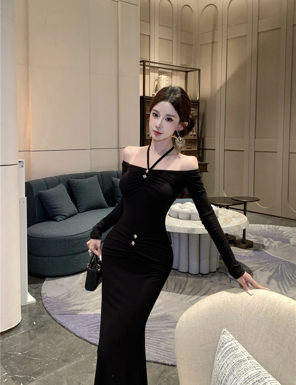 Strapless pinched waist long dress sexy flat shoulder dress