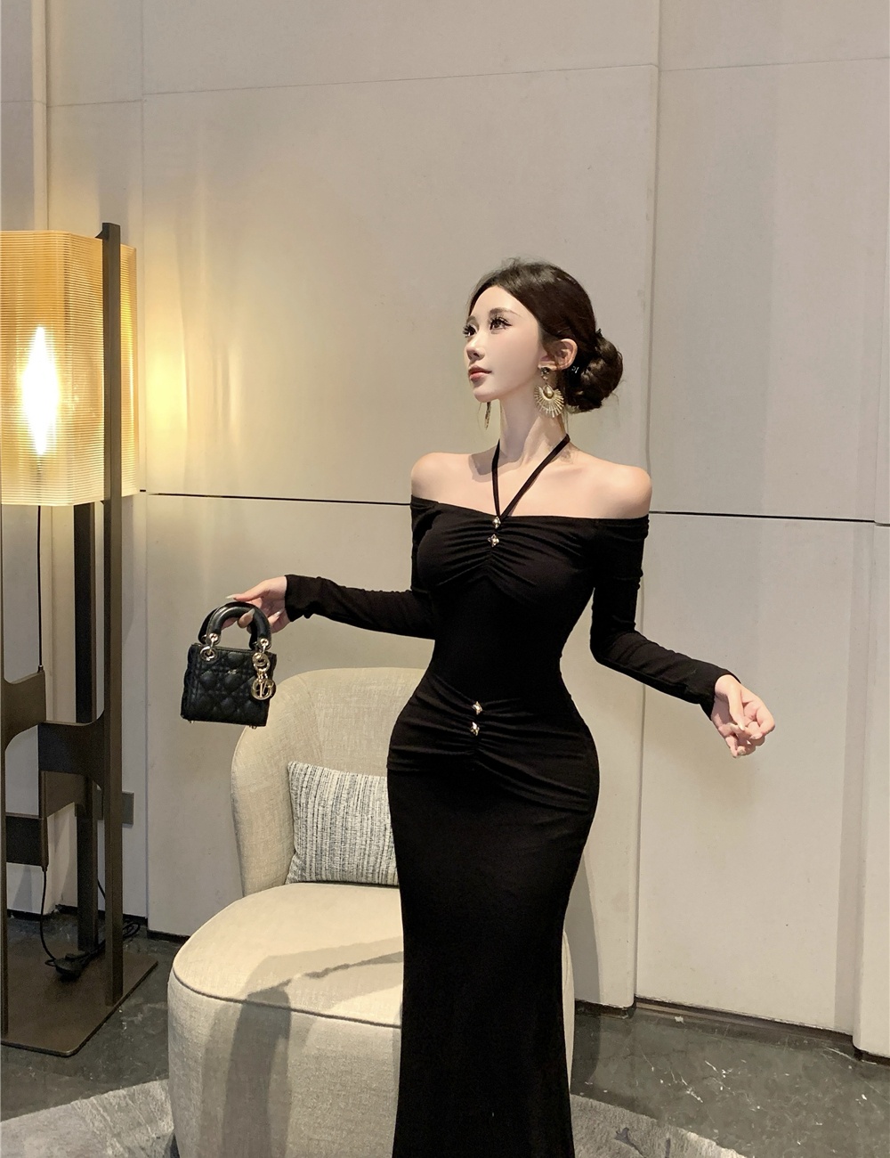 Strapless pinched waist long dress sexy flat shoulder dress