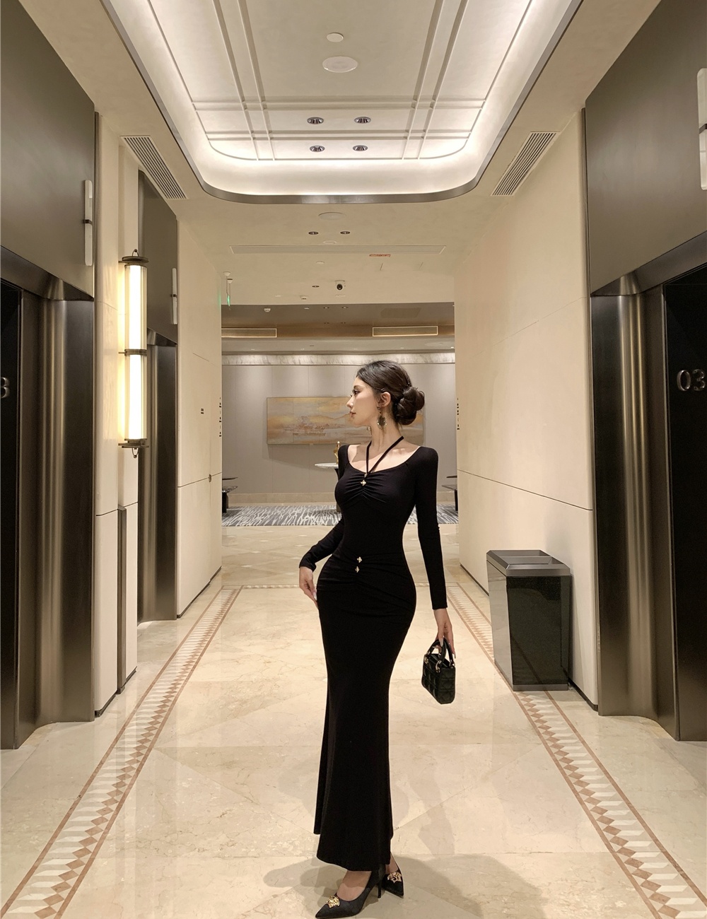 Strapless pinched waist long dress sexy flat shoulder dress