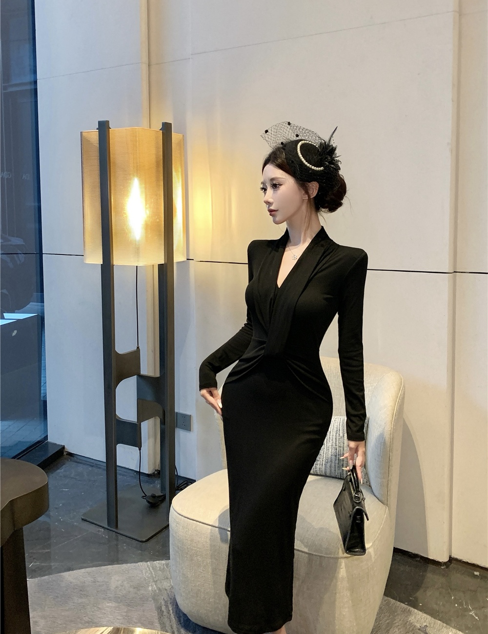 Enticement pinched waist dress V-neck sexy long dress for women