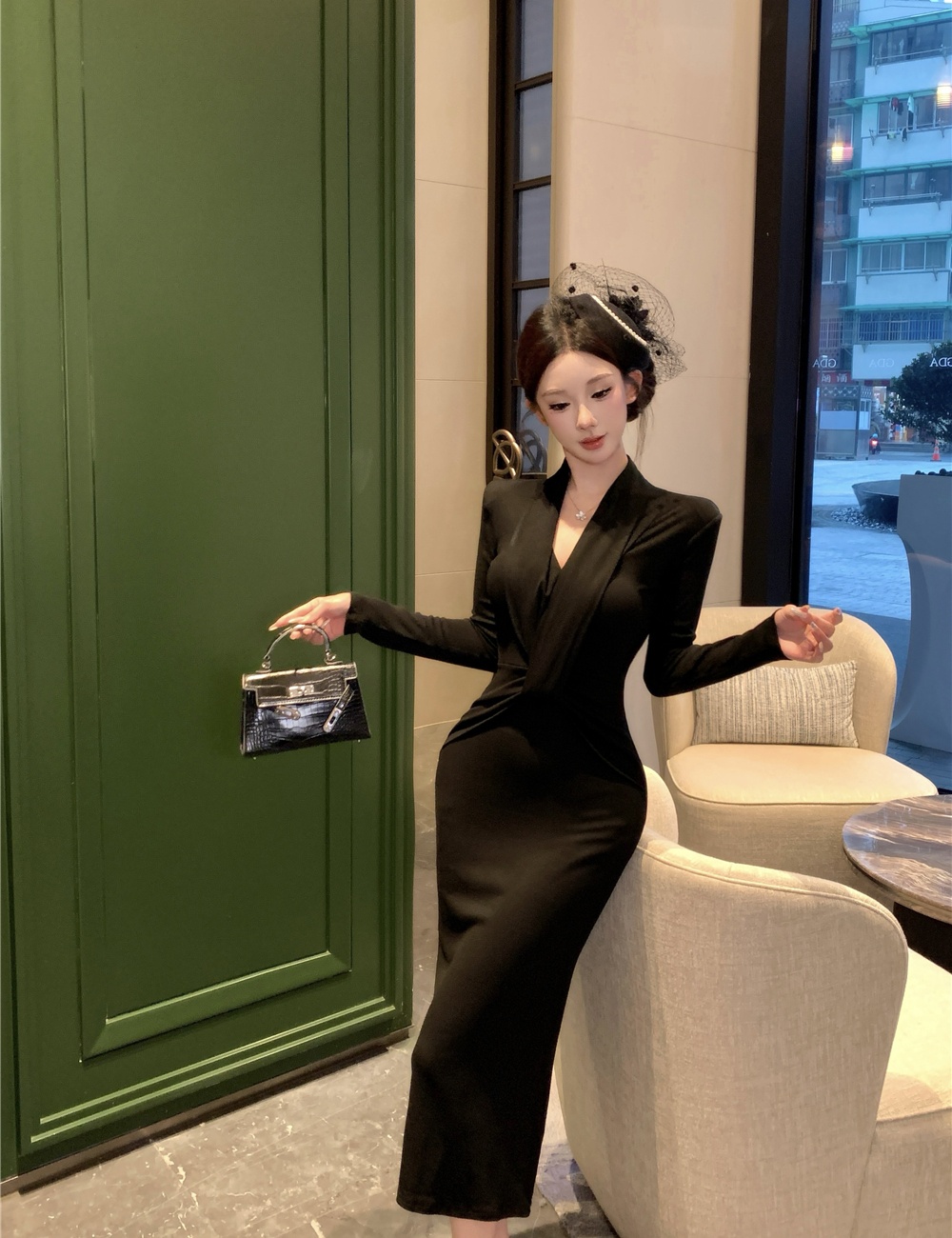 Enticement pinched waist dress V-neck sexy long dress for women