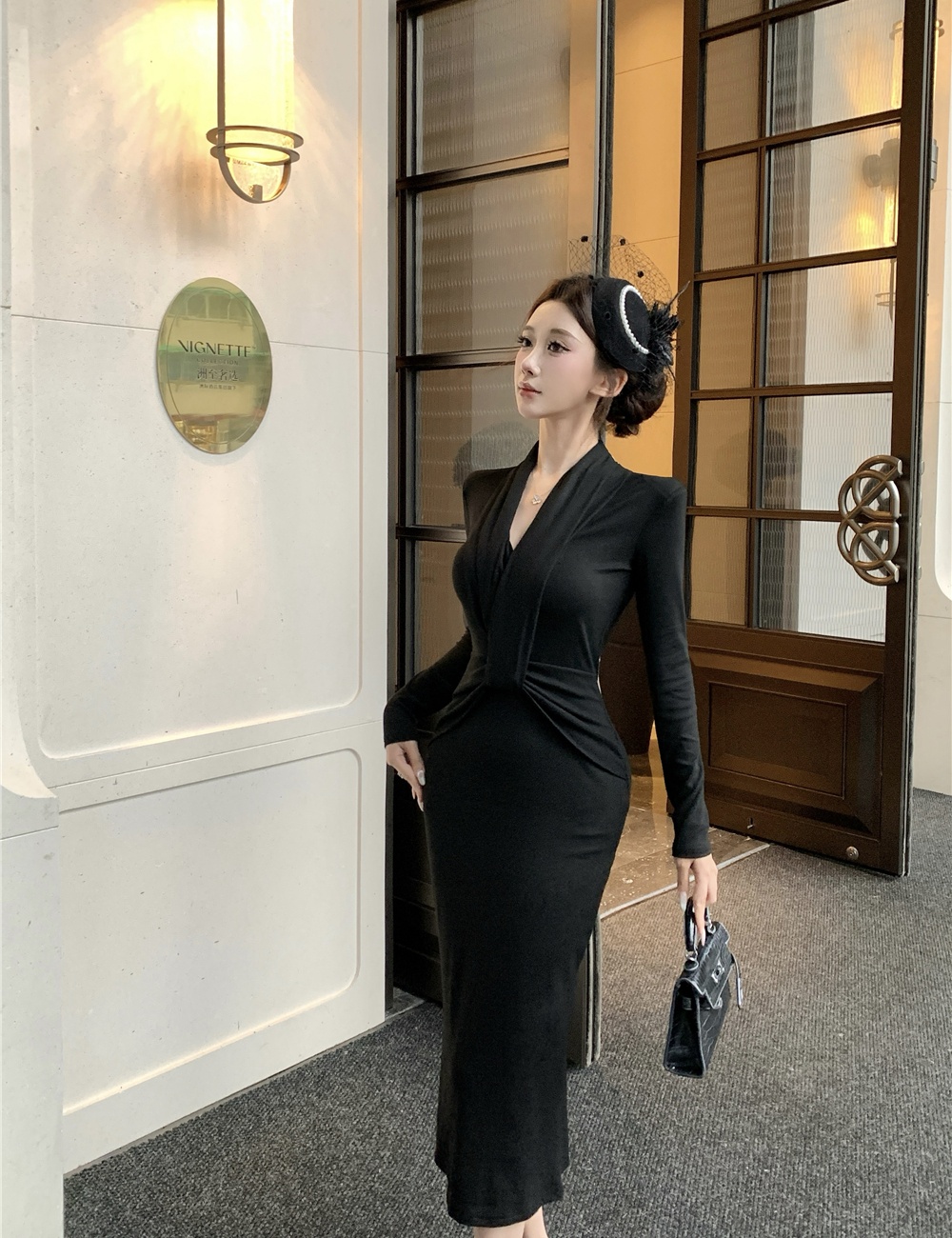 Enticement pinched waist dress V-neck sexy long dress for women