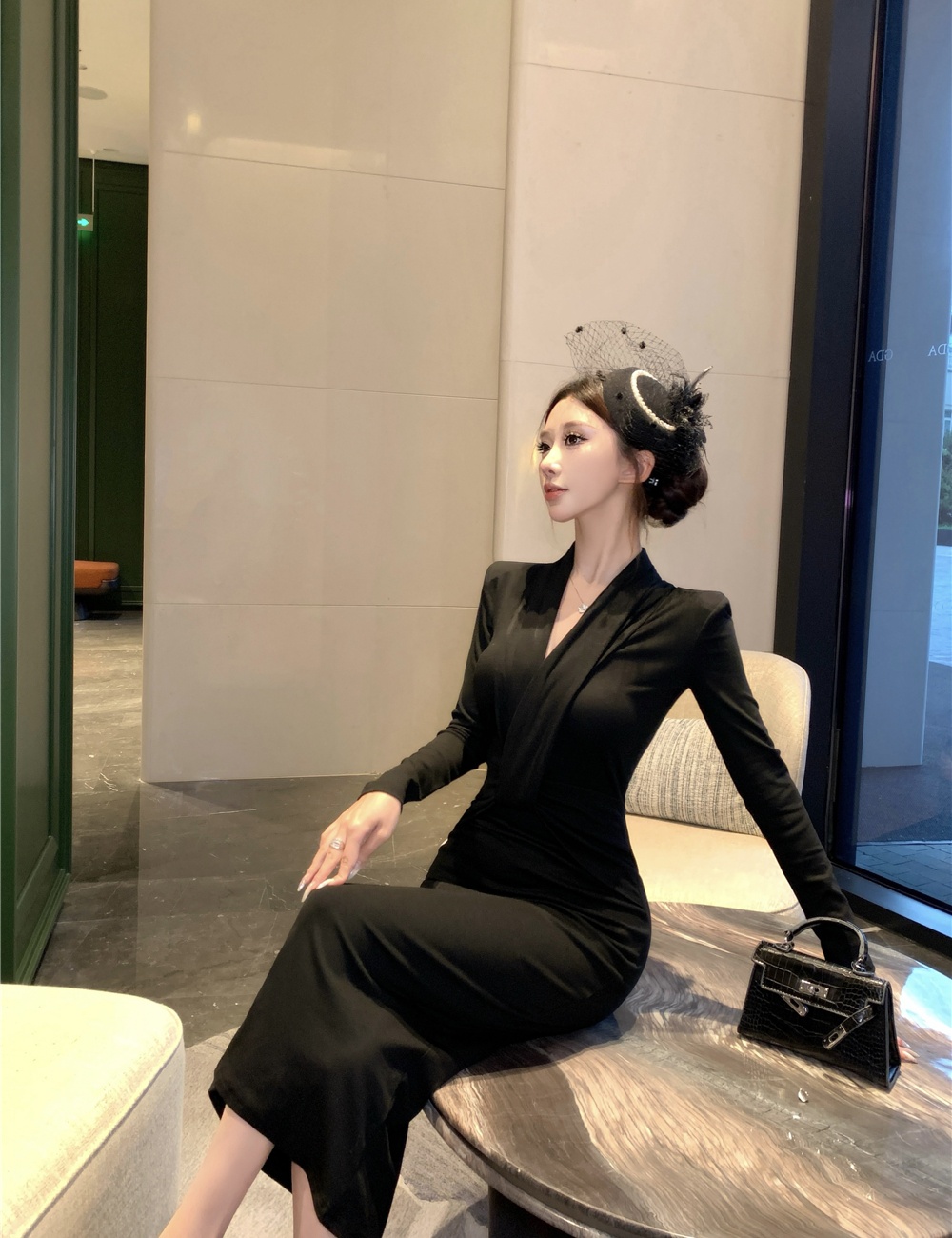 Enticement pinched waist dress V-neck sexy long dress for women