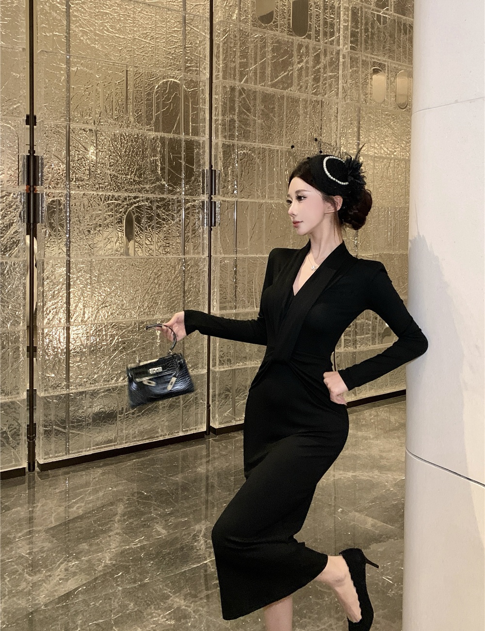 Enticement pinched waist dress V-neck sexy long dress for women