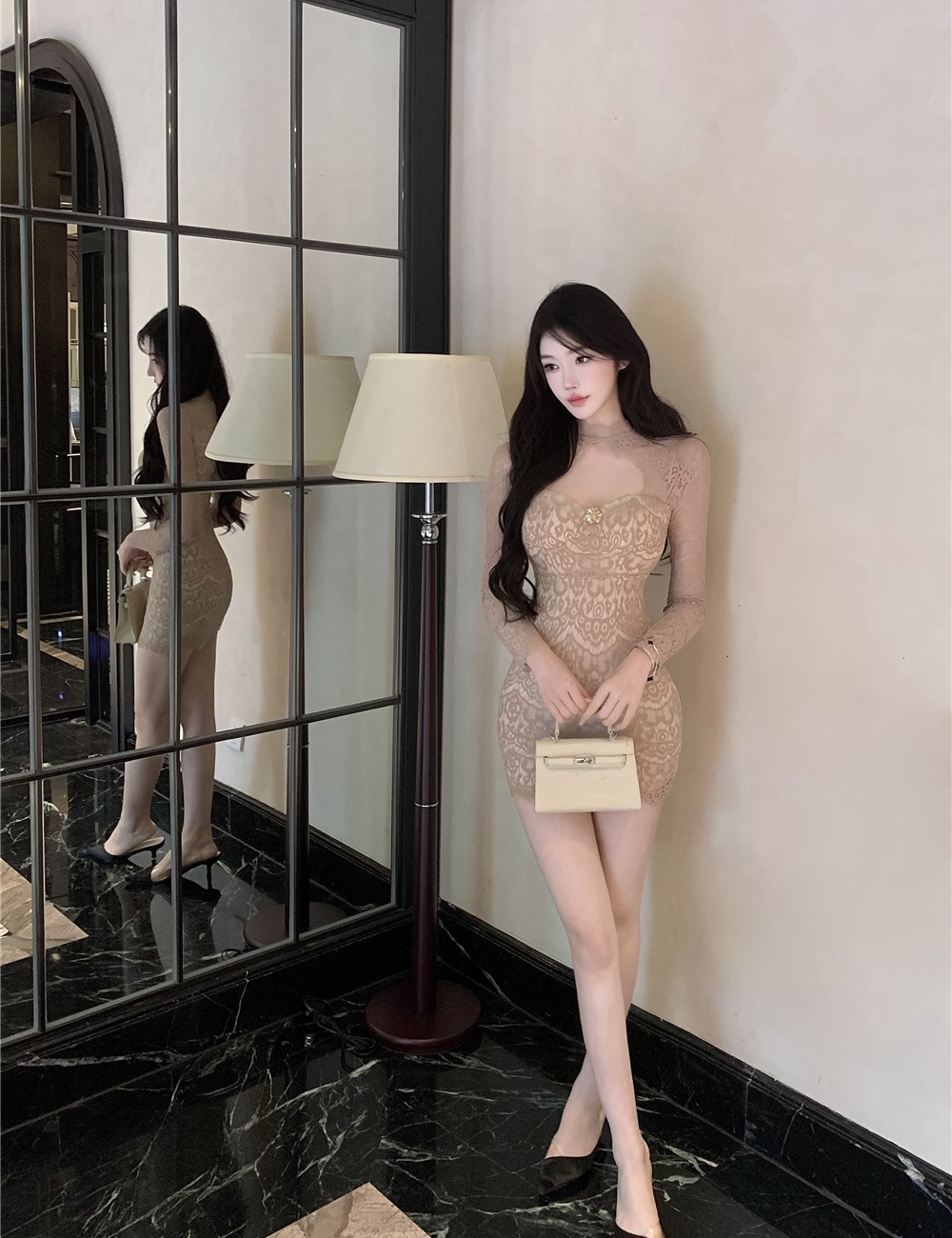 Long sleeve hollow dress enticement T-back for women