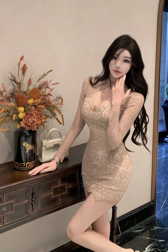 Long sleeve hollow dress enticement T-back for women