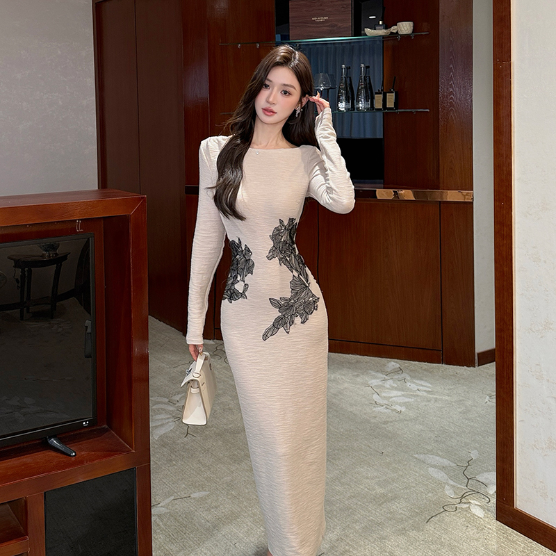 Embroidered knitted long dress lace slim dress