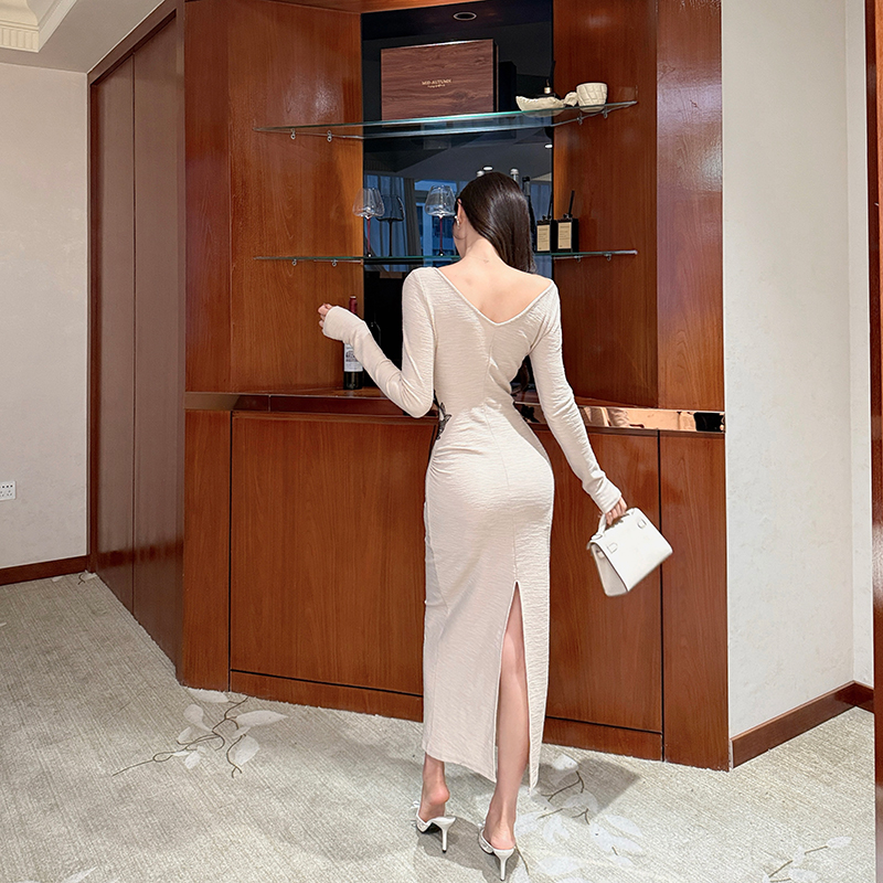 Embroidered knitted long dress lace slim dress