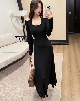 Black halter long sleeve long dress enticement slim dress
