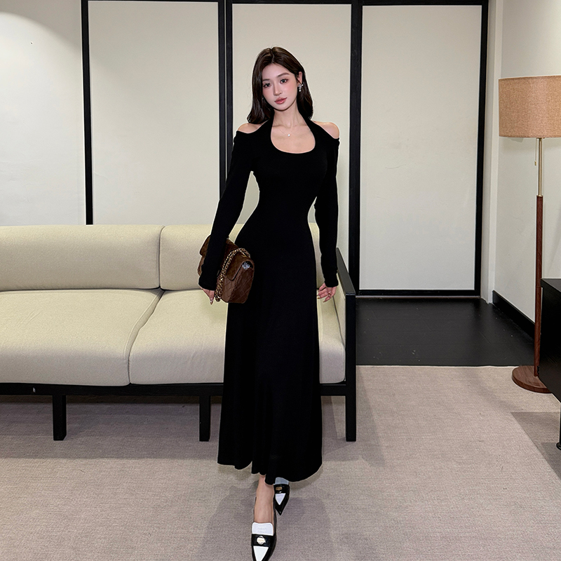 Black halter long sleeve long dress enticement slim dress