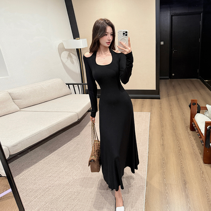 Black halter long sleeve long dress enticement slim dress