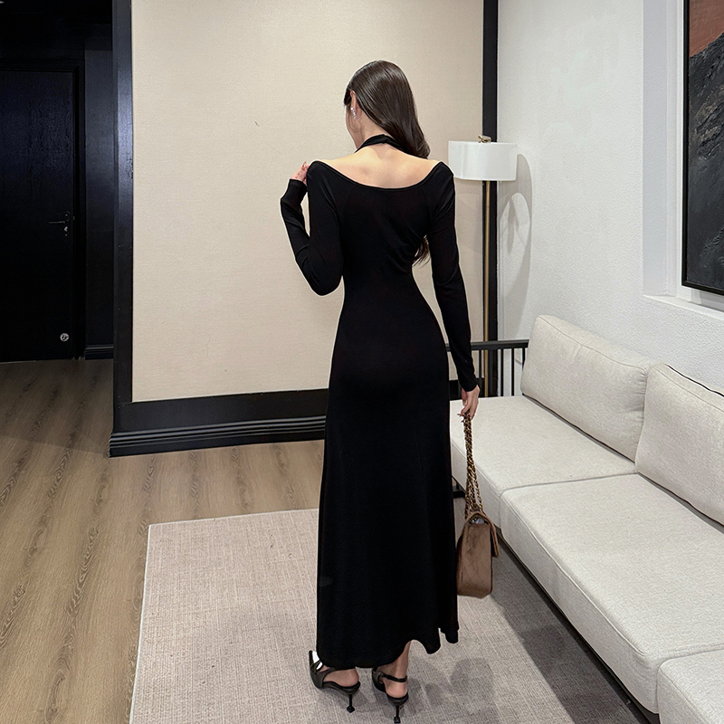 Black halter long sleeve long dress enticement slim dress