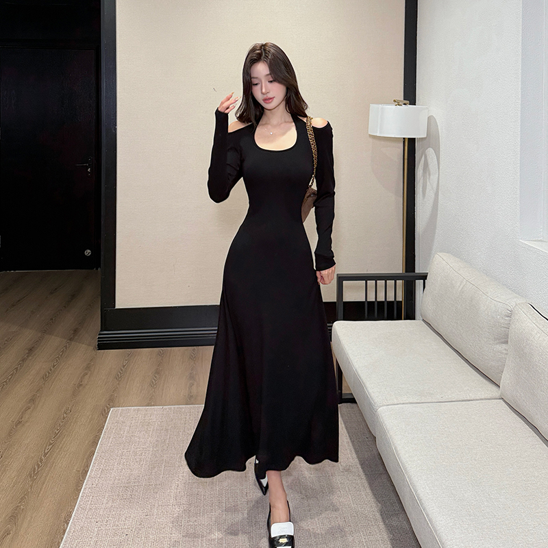 Black halter long sleeve long dress enticement slim dress