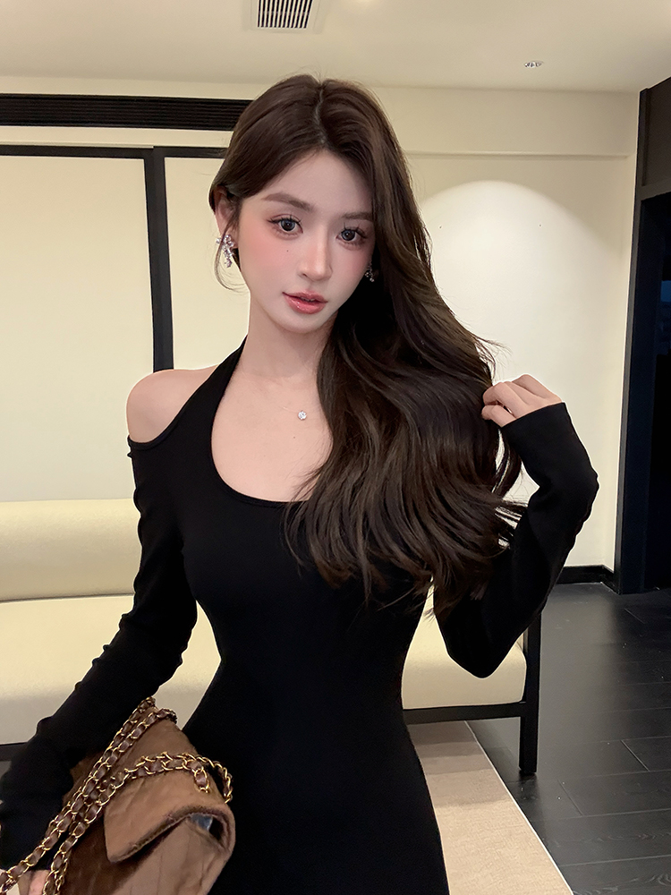 Black halter long sleeve long dress enticement slim dress