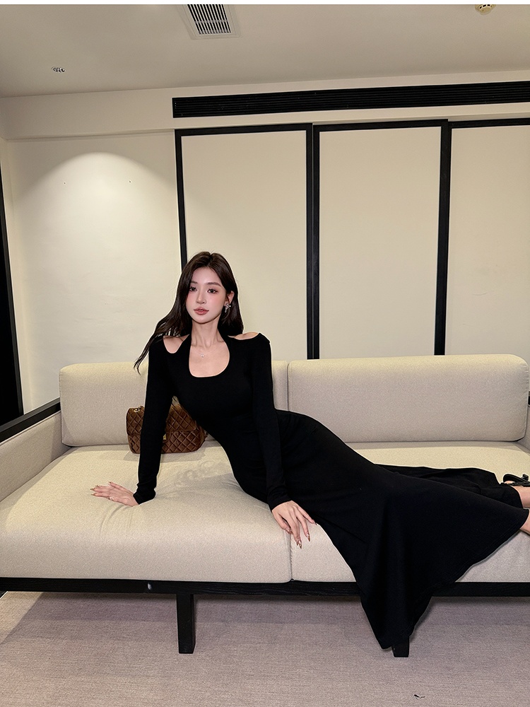 Black halter long sleeve long dress enticement slim dress