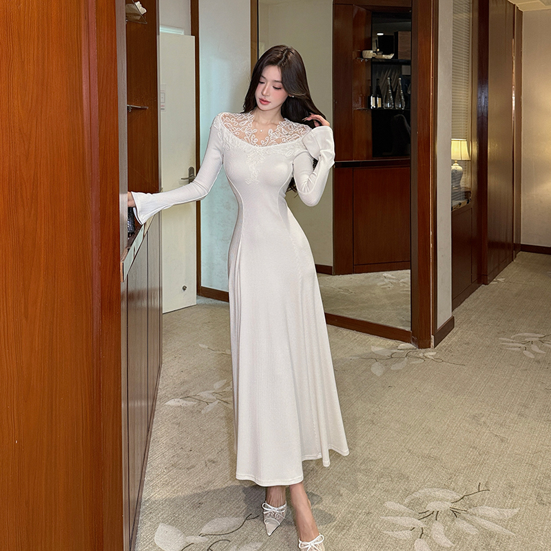 Pinched waist slim dress knitted long dress