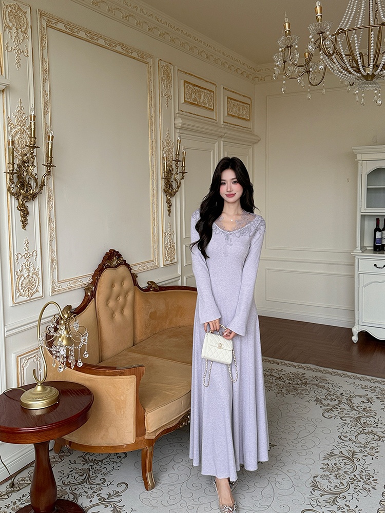 Pinched waist slim dress knitted long dress