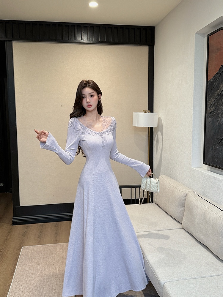Pinched waist slim dress knitted long dress