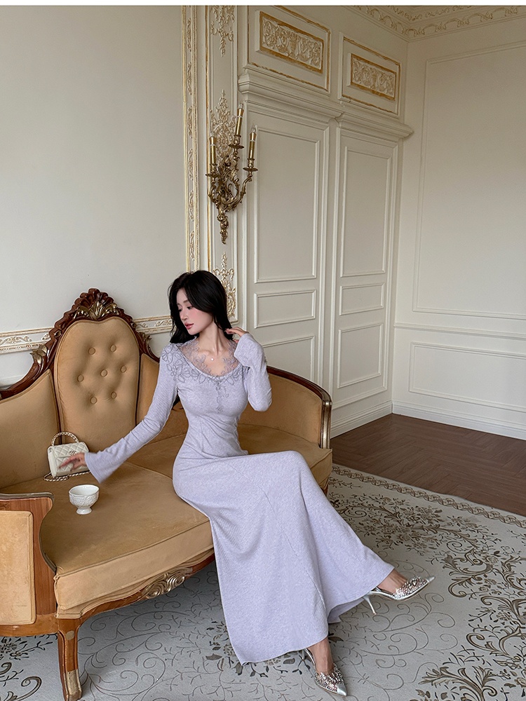 Pinched waist slim dress knitted long dress