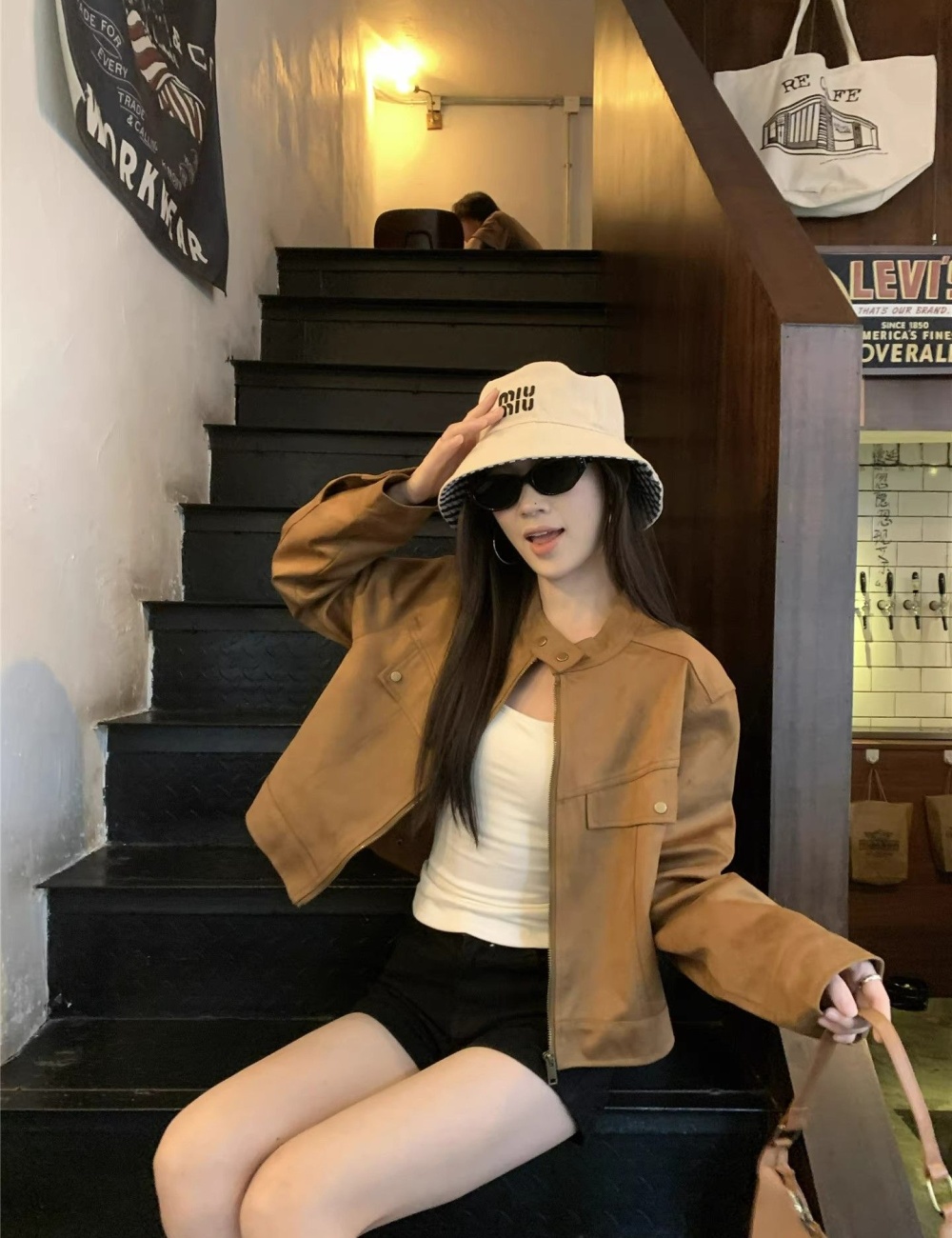 Leather cashmere temperament coat locomotive jacket