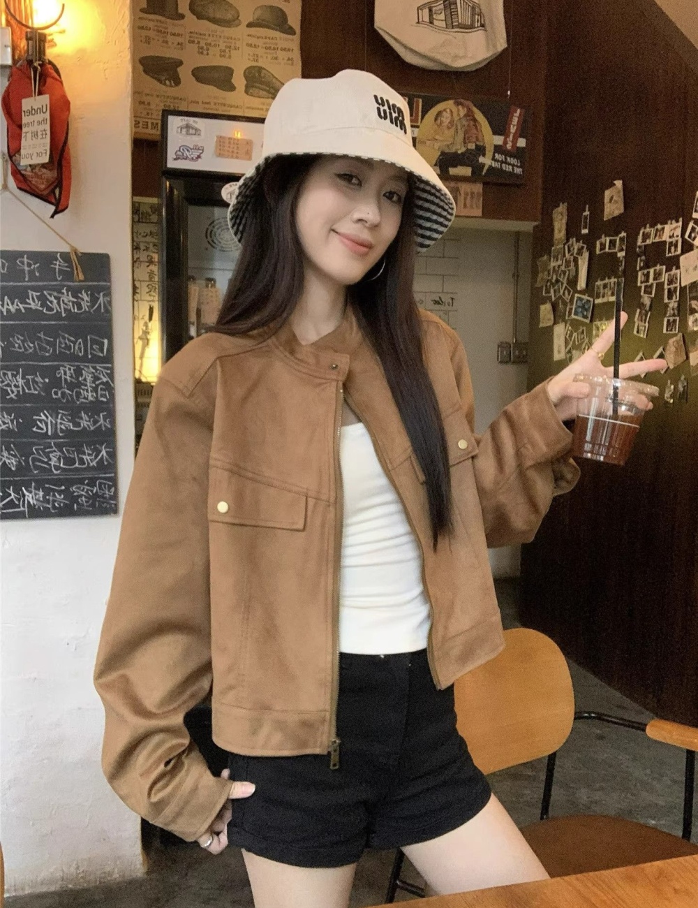 Leather cashmere temperament coat locomotive jacket