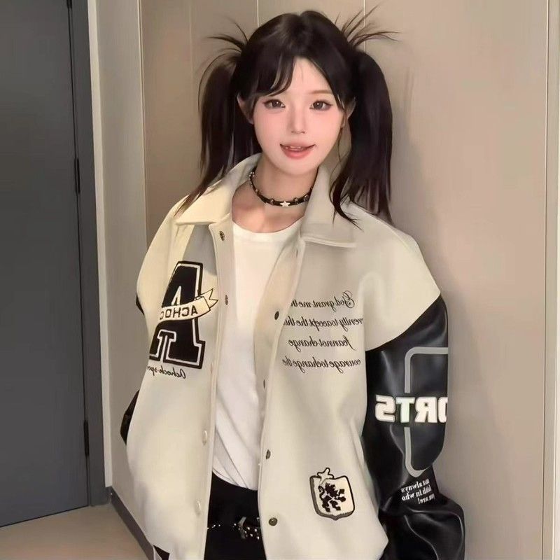 Retro PU coat couples baseball uniforms for women