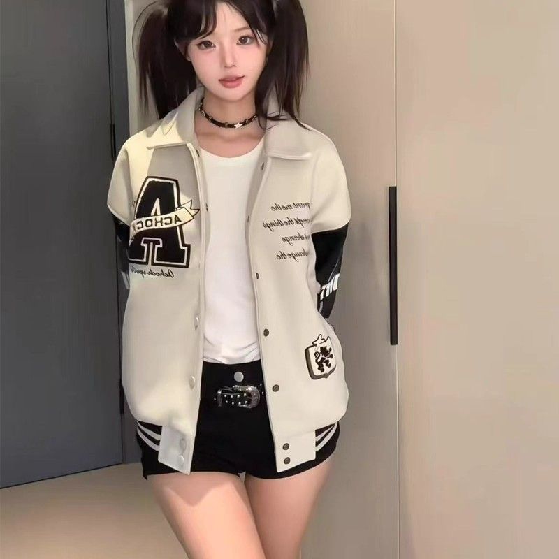 Retro PU coat couples baseball uniforms for women