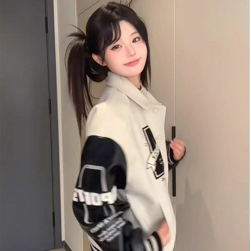 Retro PU coat couples baseball uniforms for women