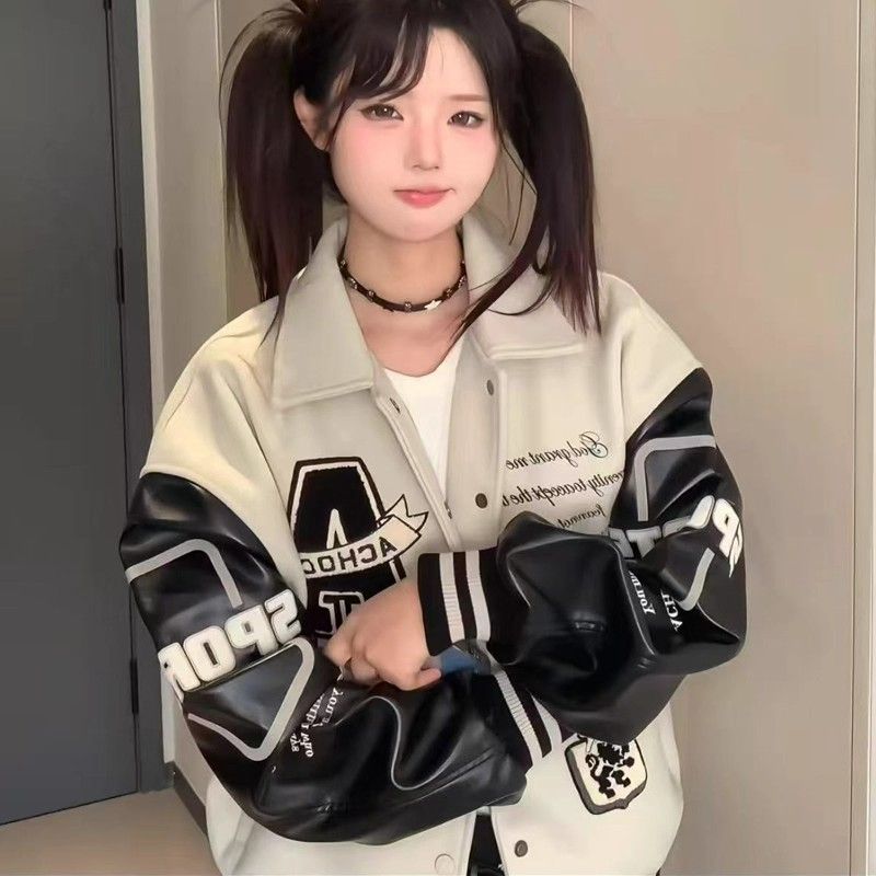 Retro PU coat couples baseball uniforms for women