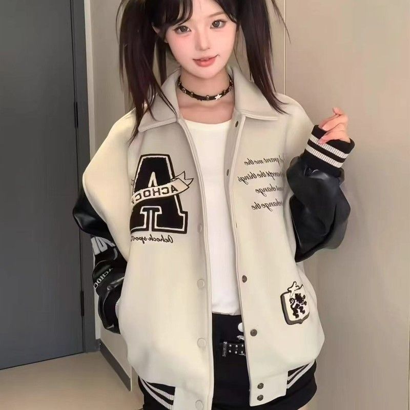 Retro PU coat couples baseball uniforms for women