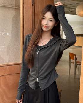 Gray Pseudo-two lapel T-shirt slim pinched waist tops